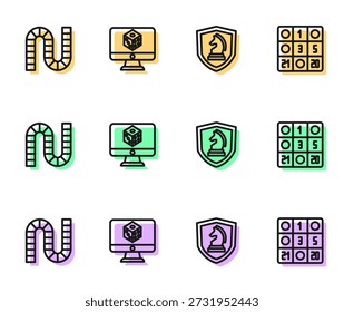 Definir linha Xadrez, Jogo de tabuleiro, Dados do jogo e ícone de cartão de Bingo. Vetor