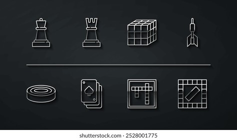Definir linha Xadrez, Chips de jogo Checker, Seta Dart, Bingo, Jogando cartas, Board e Rubik ícone cubo. Vetor