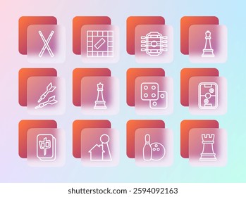 Set line Chess, Chip for board game, Game dice, Bowling pin and ball, Table football, Crossed billiard cues and Board icon. Vector