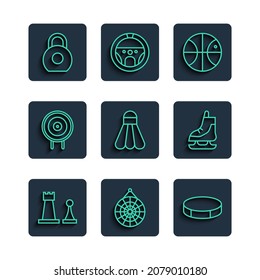 Set line Chess, Classic dart board, Hockey puck, Basketball ball, Badminton shuttlecock, Target sport, Kettlebell and Skates icon. Vector