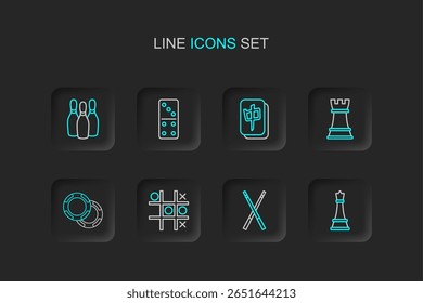 Set line Chess, Crossed billiard cues, Tic tac toe game, Casino chips, Mahjong pieces, Domino and Bowling pin icon. Vector