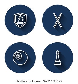 Set line Chess, Crossed billiard cues, Billiard pool snooker ball and  with long shadow. Blue circle button. Vector
