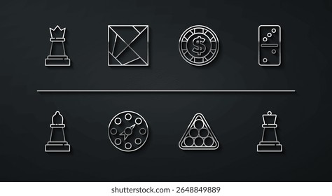 Definir linha Chess, Domino, Billiard bolas triângulo, Twister jogo, Cubo Rubik, e Casino chip com ícone de dólar. Vetor
