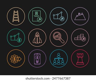 Set line Chess, Financial growth, Startup project concept, Pie chart and dollar, Stair with finish flag, Magnifying glass analysis and Job promotion icon. Vector