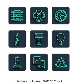 Set line Chess, Game dice, Billiard balls in triangle, Casino roulette wheel, Domino, Dart arrow, Hockey table and Racket icon. Vector
