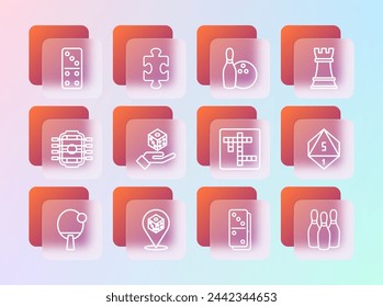 Set line Chess, Game dice, Crossword, Domino, Bowling pin and ball,  and Puzzle pieces toy icon. Vector
