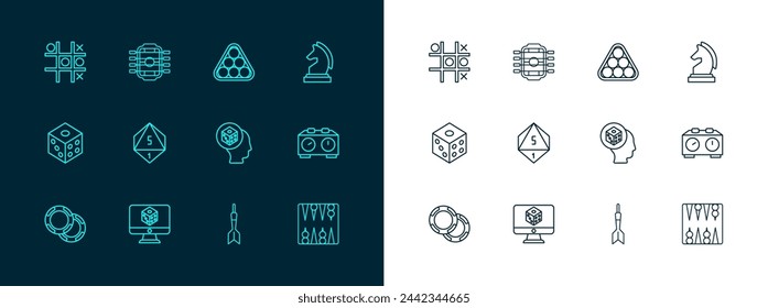 Set line Chess, Game dice, Dart arrow, Billiard balls in triangle, Tic tac toe game and Table football icon. Vector