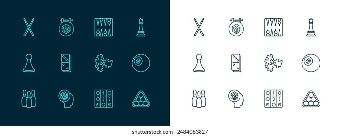 Juego de línea de ajedrez, juego de dados, piezas de rompecabezas de juguete, tarjeta de bingo, Domino, tablero de backgammon, cruzado billar de señales e icono. Vector