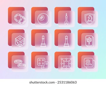 Set line Chess, Game dice, Board game, Dart arrow, Casino chips and Billiard pool snooker ball icon. Vector