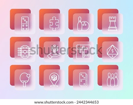 Set line Chess, Game dice, Crossword, Domino, Bowling pin and ball,  and Puzzle pieces toy icon. Vector