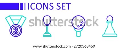 Set line Chess, Golf ball on tee, Punching bag and Medal icon. Vector