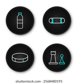 Set line Chess, Hockey puck, Skateboard trick and Bottle of water icon. Vector