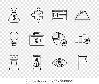 Set line Schach, Location-Marker, Browser-Fenster, Startup-Projekt-Konzept, Geldtasche, Aktentasche und Geld, Auge mit Dollar und Financial Growth-Symbol. Vektorgrafik