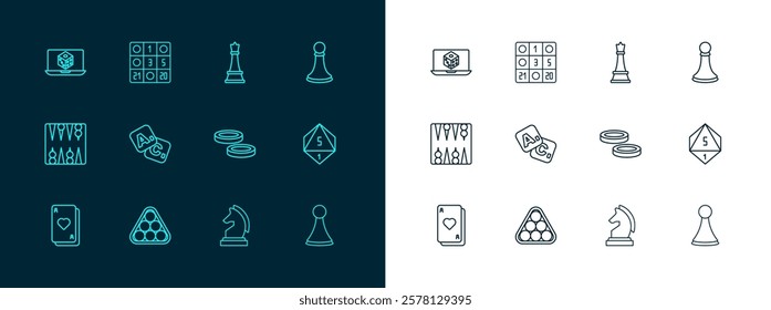 Set line Chess pawn, Billiard balls in triangle, Checker game chips, Bingo, Game dice and card icon. Vector