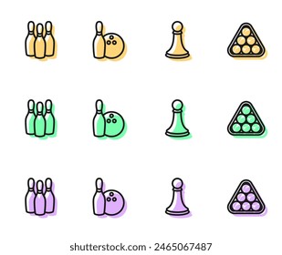 Set line Chess pawn, Bowling pin, and ball and Billiard balls triangle icon. Vector