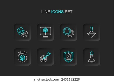 Set line Chess pawn, Classic dart board and arrow, Game dice, Whirligig toy, Casino chips,  and Bingo icon. Vector