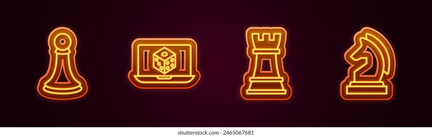 Fijar línea Peón de ajedrez, juego de dados, y . Icono de neón brillante. Vector