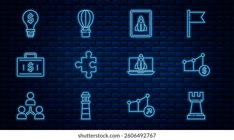 Set line Chess, Pie chart and dollar, Startup project concept, Piece of puzzle, Briefcase money, Light bulb with,  and Hot air balloon icon. Vector