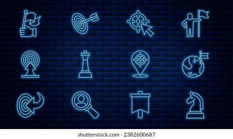Set line Chess, Planet with flag, Target, arrow, Hand holding,  and  icon. Vector
