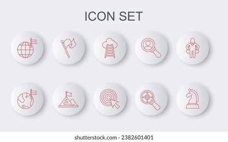 Ajuste la línea de ajedrez, Planeta con bandera, acabado de escalera, lupa de destino, Bandera, Montañas e icono de flecha. Vector
