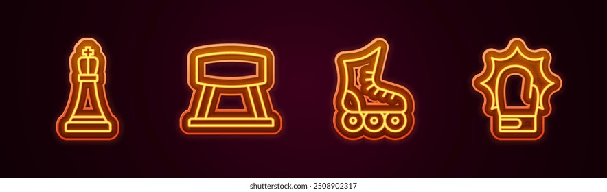 Set line Chess, Pommel horse, Roller skate and Punch in boxing gloves. Glowing neon icon. Vector