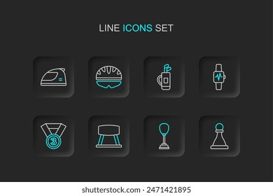 Set line Chess, Punching bag, Pommel horse, Medal, Smart watch with heart, Golf clubs, Bicycle helmet and Racing icon. Vector