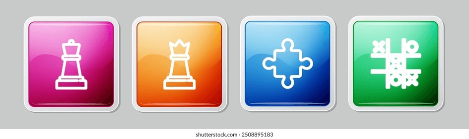 Set line Chess, , Puzzle pieces toy and Tic tac toe game. Colorful square button. Vector