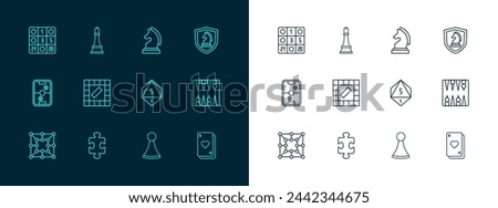 Set line Chess, Puzzle pieces toy, Game dice, Chip for board game, Board, Bingo card and  icon. Vector