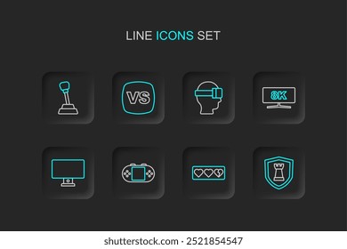 Definir linha Escudo de xadrez, Barra de vida do jogo, Consola portátil de videogame, Monitor de computador, Óculos de realidade virtual, VS Versus batalha e Ícone de mudança de marcha. Vetor