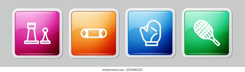 Set line Chess, Skateboard trick, Baseball glove and Tennis racket. Colorful square button. Vector