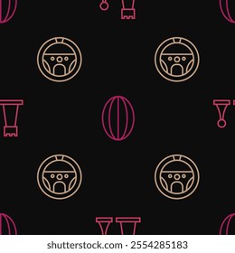 Set line Chess, Steering wheel and Rugby ball on seamless pattern. Vector