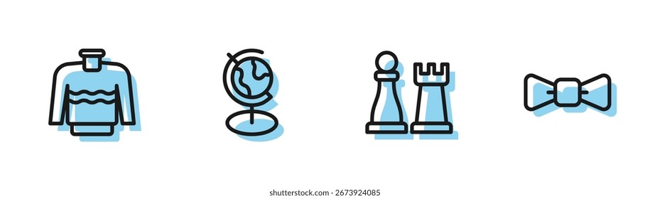 Ajedrez, suéter, globo terráqueo e icono de pajarita. Vector