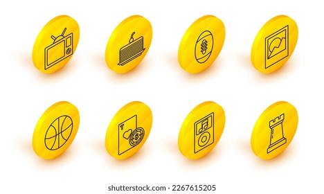Set line Chess symbol, Music player, Casino chip and playing cards, Basketball ball, Photo frames, American Football, Cake and Television icon. Vector