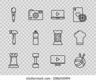 Set line Chess symbol, Yarn ball with knitting needles, Online play video, Dumbbell, Microphone, Fitness shaker,  and Chef hat icon. Vector