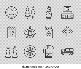 Set line Chess, Tanker truck, Russian doll matryoshka, Snowflake, Rouble, ruble currency, National emblem of, Kosovorotka and Christian cross icon. Vector