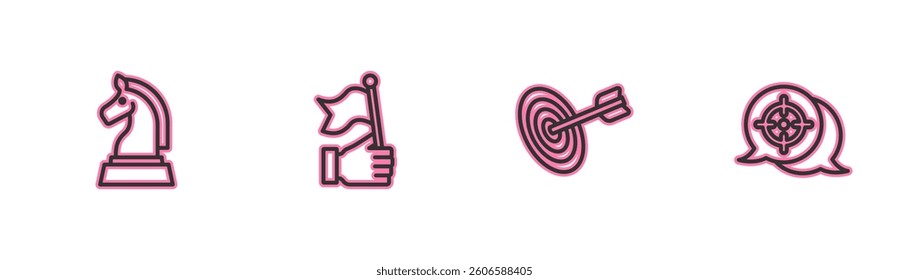 Set line Chess, Target, Hand holding flag and  icon. Vector