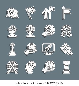 Set line Chess, Target, Medal, Man holding flag, with arrow, Flag and  icon. Vector