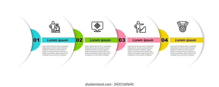 Set line Chess, Target, Stair with finish flag and Medal. Business infographic template. Vector