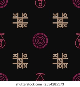 Set line Chess, Tic tac toe game and Checker chips on seamless pattern. Vector