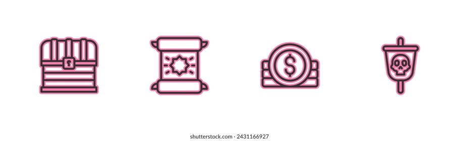 Set line Chest, Ancient coin, Decree, parchment, scroll and Pirate flag icon. Vector