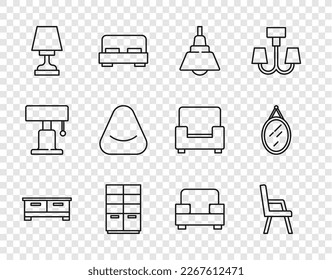 Set line Chest of drawers, Armchair, Chandelier, Wardrobe, Table lamp, Pouf,  and Mirror icon. Vector