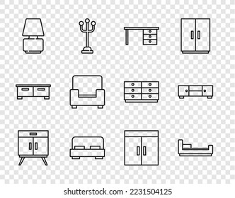 Set line Chest of drawers, Bed, Office desk, Big bed, Table lamp, Armchair, Wardrobe and  icon. Vector