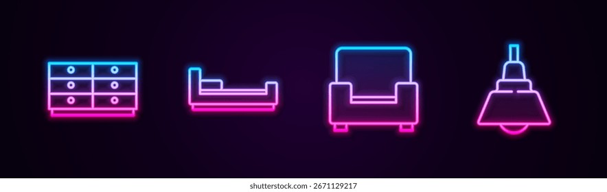 Set Linie Kommode, Bett, Sessel und Kronleuchter. Leuchtendes Neonsymbol. Vektorgrafik