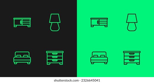Set line Chest of drawers, Big bed, TV table stand and Table lamp icon. Vector