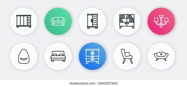 Set line Baú de gavetas, Chandelier, Pouf, Poltrona, Biblioteca estante, Roupeiro, Sofá e ícone Big bed. Vetor