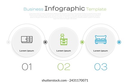 Set line Chest of drawers, Furniture nightstand with lamp and Big bed. Business infographic template. Vector