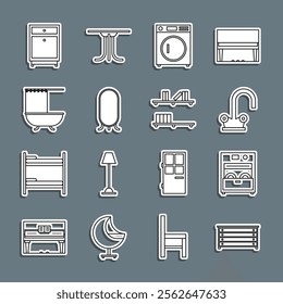 Set line Chest of drawers, Kitchen dishwasher machine, Water tap, Washer, Big full length mirror, Bathtub with shower curtain, Furniture nightstand and Shelf books icon. Vector