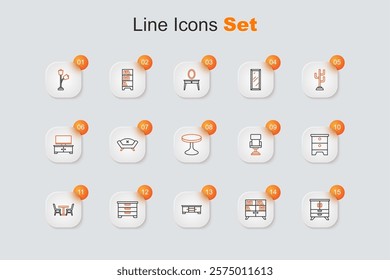 Set line Chest of drawers, Library bookshelf, TV table stand, Table with chair, Furniture nightstand, Office and Round icon. Vector