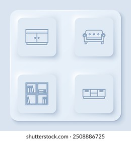 Set-Linie Kommode, Sofa, Regal mit Büchern und Möbel Nachttisch. Weißer quadratischer Knopf. Vektorgrafik