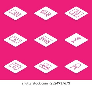 Set line Chest of drawers, Sofa, Wardrobe, Big bed, Coat stand, Furniture nightstand and TV table icon. Vector